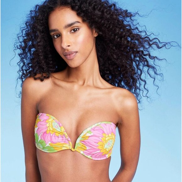 Shade & Shore XXL 38DD Multi Color Floral Underwire Bandeau Bikini Swim Top - Picture 1 of 7